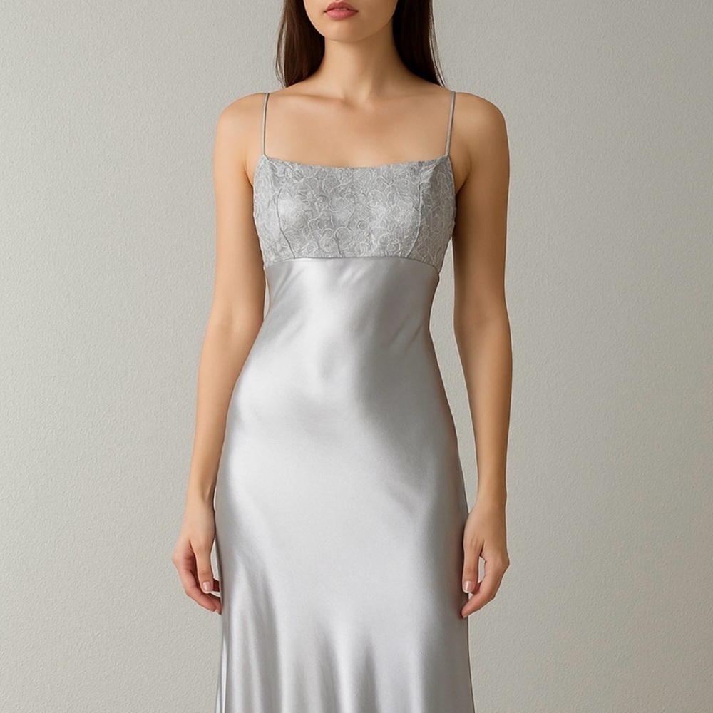 NWT Deadstock Vintage Silver Satin Slip Dress Y2K Maxi Gown with Lace Bust L